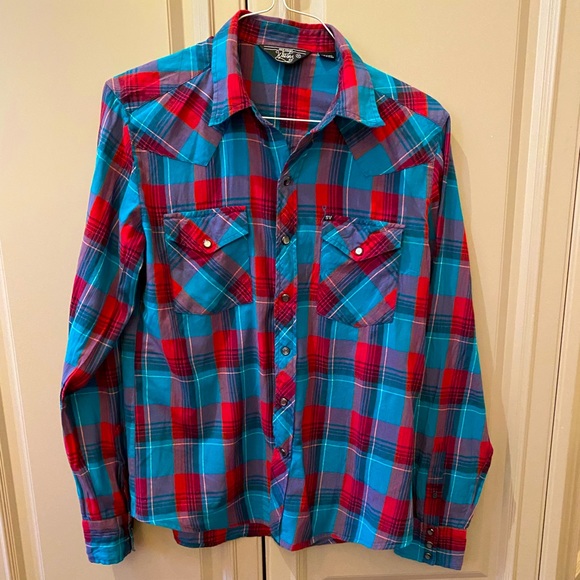 Western button down shirt in blue and pink, Mens Medium - Picture 1 of 6